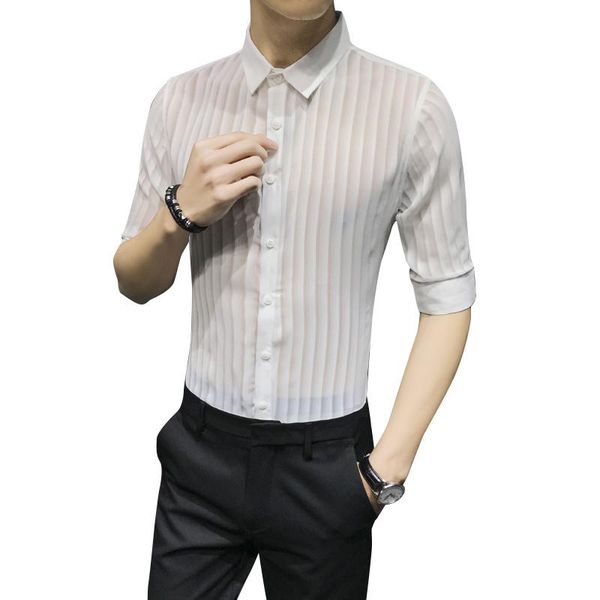 

men's casual shirts nightclub hair stylist handsome personality transparent hollow shirt male lace perspective five-point sleeve tide t, White;black