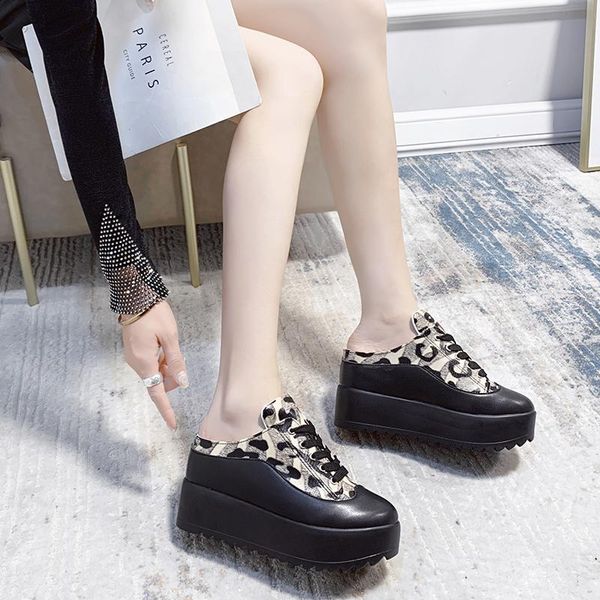 

dress shoes leopard print women's slippers sandals mueller summer thick soles fashion leather instagram women sneaker, Black
