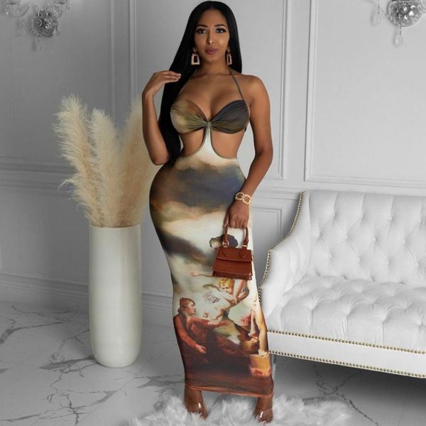 

casual dresses tank dress halter neck sling lower waist vest robe r2k satin vestido de tanque sukienka zbiornika with hollow print long, Black;gray