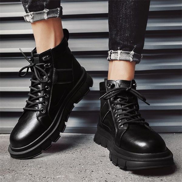

british men martin boots high gang thick bottom round head lace up business work clothes pu leather outdoor retro leisure dh314, Black