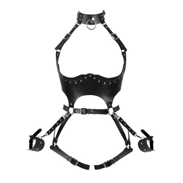 Bustiers Korsetts Frauen Anpassen Leder Handschellen Bodysuit Bondage Körper Harness Gürtel Pole Dance Sexy Dessous Punk Bein Strumpfband Hohl Offen Ch