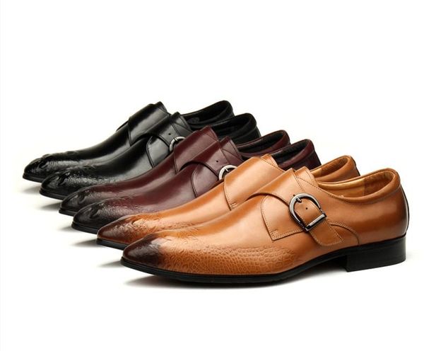 

large size eur45 black / brown wine red business dress shoes genuine leather wedding mens social with buckle