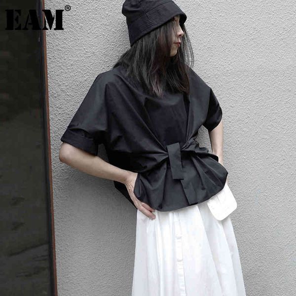 

[eam] women black big size bandage blouse round neck half sleeve loose fit shirt fashion spring summer 1dd8314 21512, White