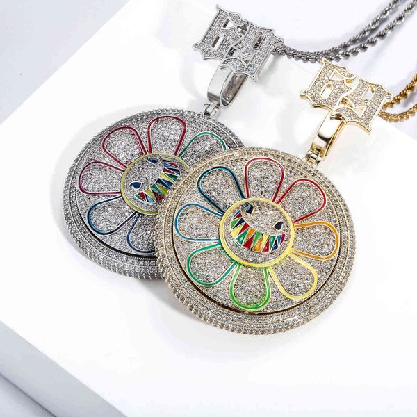 

hip hop aaa+ cz stone paved bling iced out rotatable spin 69 sun flower round pendants necklaces for men rapper jewelry gift x0707, Silver