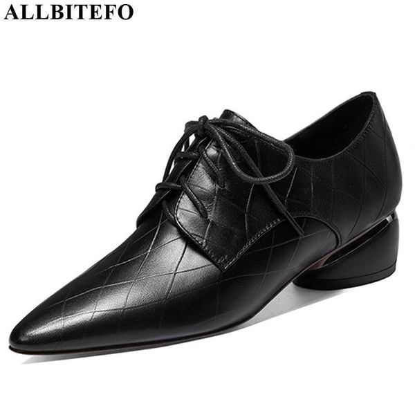 

dress shoes allbitefo natural lace up genuine leather leisure ladies women heels casual high heel brand spring autumn girl, Black