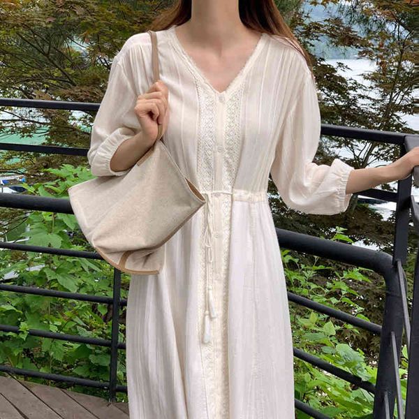Yaz Moda Rahat Zarif Basit Beyaz V Yaka Dantel Dikiş Bel Uzun Kollu Elbise Kadınlar 16F1100 210510