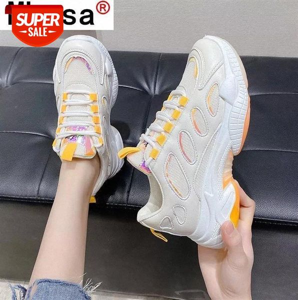

women's chunky sneakers 2021 spring mesh breathable platform lace up women vulcanize shoes comfortable mid heel casual dad #cb41