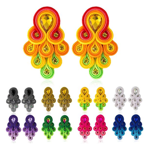 Handgemachte Mode Soutache Ohrringe Frauen Pfau Schwanz Form Farbe Tropfen Ohrring Kristall Dekoration Ethno Boho Schmuck 2021