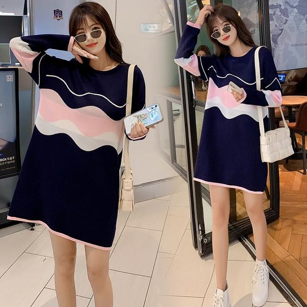 

maternity dresses preppy style pregnant women sweater autumn long sleeve block color stripe patchwork knitting dress pregnancy, White