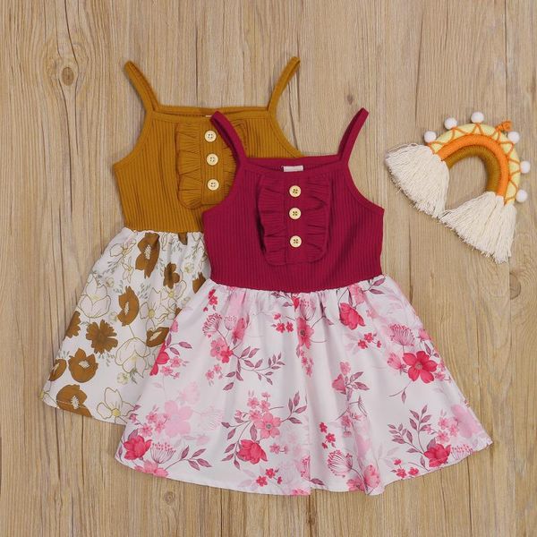 

girl's dresses girls casual slip dress, boat neck sleeveless floral printed pattern brown wine red, Red;yellow