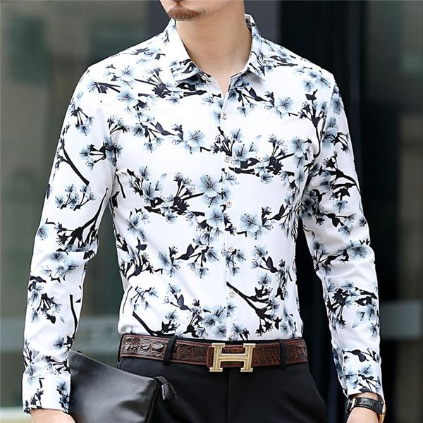 

autumn long sleeve shirt printed thin casual middle-aged men's lapel large size classic fashion floral multi-style dress shirts, White;black