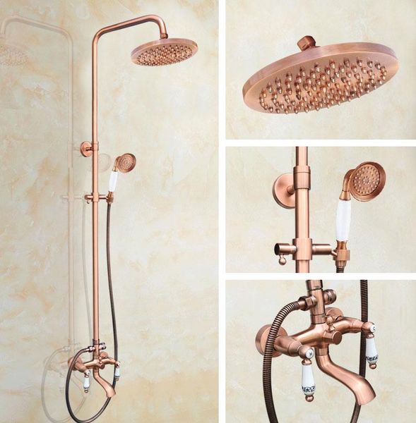 

antique red copper brass dual ceramic handles bathroom 8" round rain shower head faucet set tub mixer tap wall mounted mrg546 sets