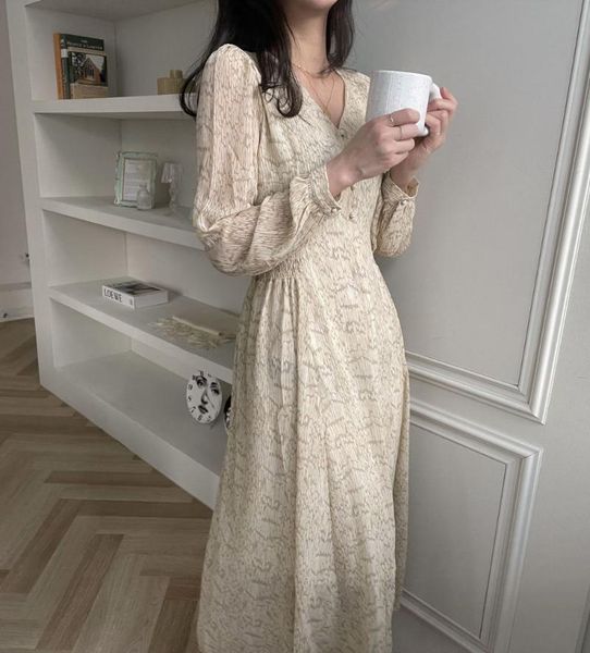 

casual dresses women long vintage chiffon v-neck slim waist summer 2021 runway elegant korean party boho retro vacation, Black;gray