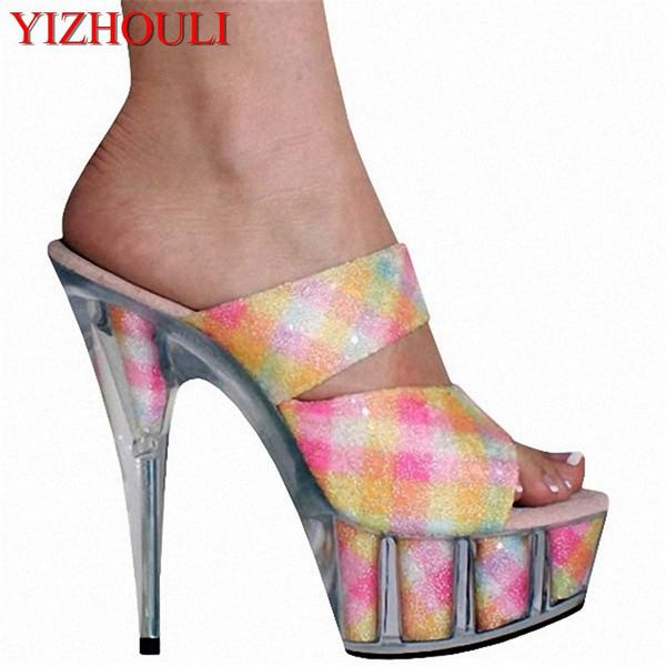 

slippers elegant fashion 15 cm high with crystal sandals super thick waterproof transparent recreational shoe, Black