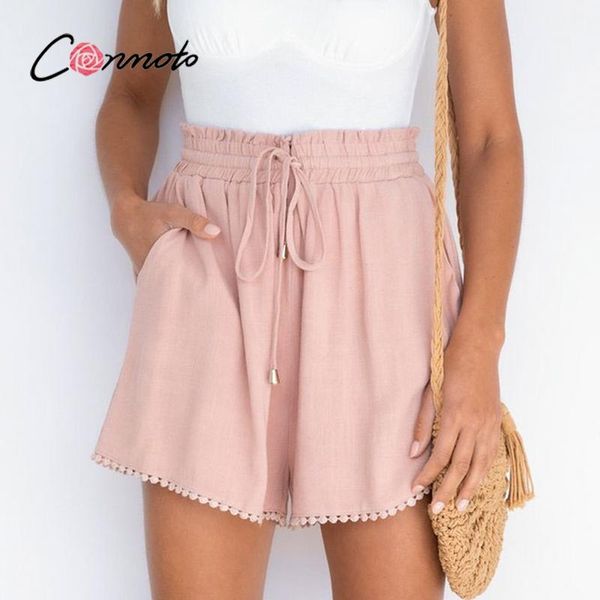 

women's shorts conmoto elastic waist drawstring pocket dusty pink summer woman causal loose lace hollow out side 2021, White;black