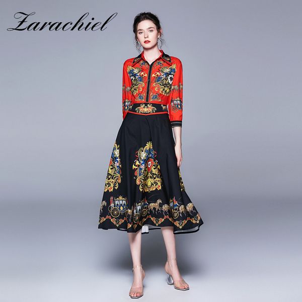 

dresses luxury designer vintage carriage print red and black contrast color shirt women elegant lapel collar autumn mid long, Black;gray