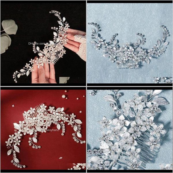 

& barrettes drop delivery 2021 forseven sier color shining crystal flower leaf combs hairpins clips bride noiva wedding hair decor jewelry h, Golden;silver
