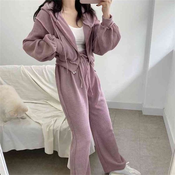 

spring autumn women 2 piece set tracksuit long sleeve zipper hoodie and elastic waist pant suit outfits korean 210513, White