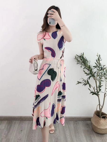 

dress miyake fashion fold short sleeve o-neck print lace-up a-line, Black;gray