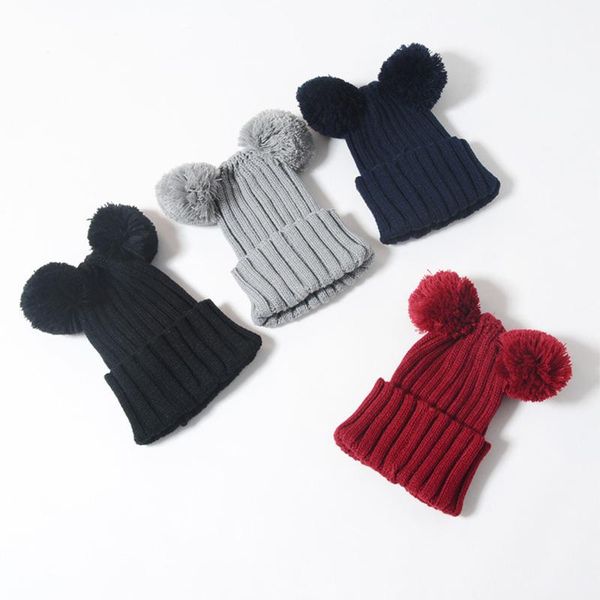

caps & hats autumn winter baby hat double pompom crochet children girl boy beanie cap thick solid color knitted kids toddler bonnet, Yellow
