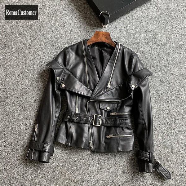 

women's leather & faux genuine biker jacket womens sheepskin fashion v-neck lace up casual female short slim zippers black elegant coat