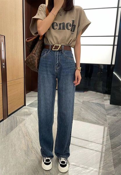 

women's jeans denim pants autumn retro straight high waist slimming, Blue