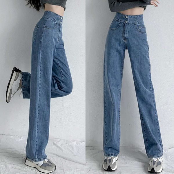 

autumn high waist double loose slim pants webbing wide leg length, Blue