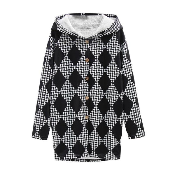 

women's jackets women plus size winter fleece vintage checkerboard print splicing zipper long sleeves cardigan hooded coat, Black;brown