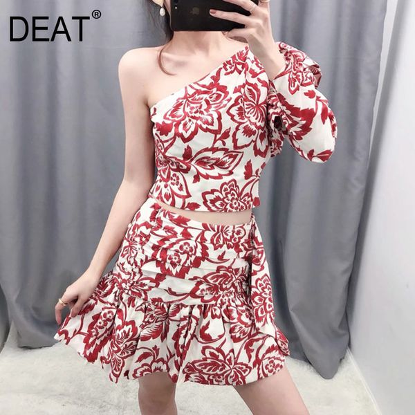 

summer fashion casual patchwork irrengular backless print single shoulder flounces skirt set women sd560 210525, White
