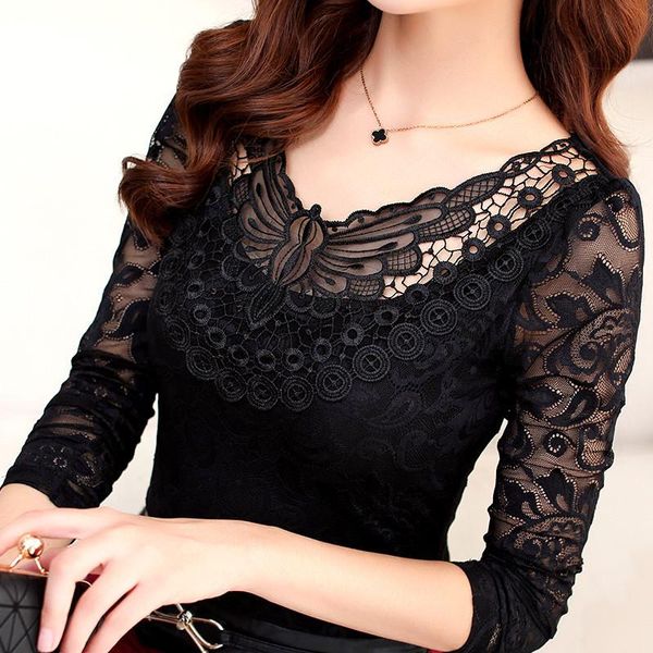 

women's blouses & shirts hollow out lace blouse elegant shirt ladies -4xl crochet long sleeve embroidery patchwork women, White