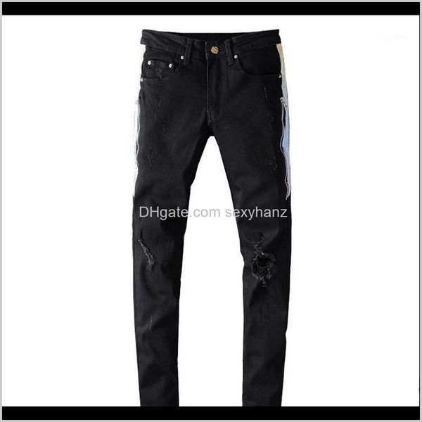

clothing apparel drop delivery 2021 mens pleated stripe line patchwork black jeans streetwear slim skinny stretch denim ripped pants1 v71kh, Blue