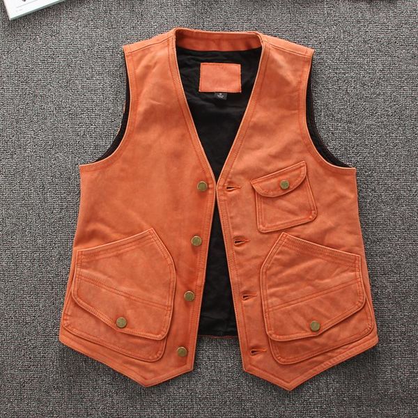 

men's vests japanese vintage casual genuine leather vest men's real cowhide sleeveless jackets biker style waistcoat high quality, Black;white