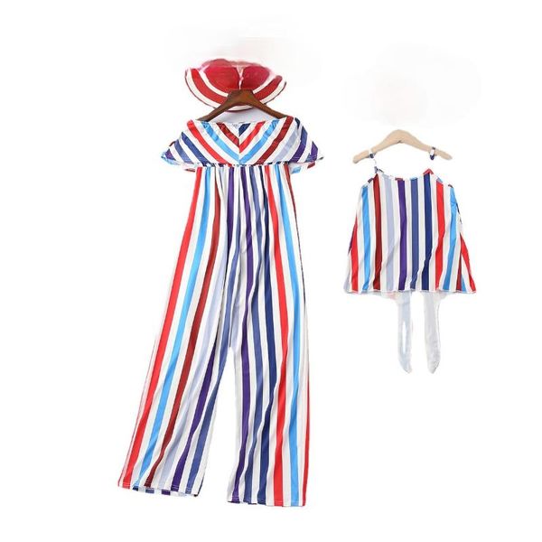 

mom and daughter jumpsuits family matching clothes off shoulder striped for mother mommy me outfits, Blue