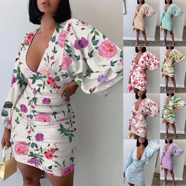 

casual dresses for women 2021 v-neck printing fashion buttocks long sleeve party plus size clothing g5, Black;gray