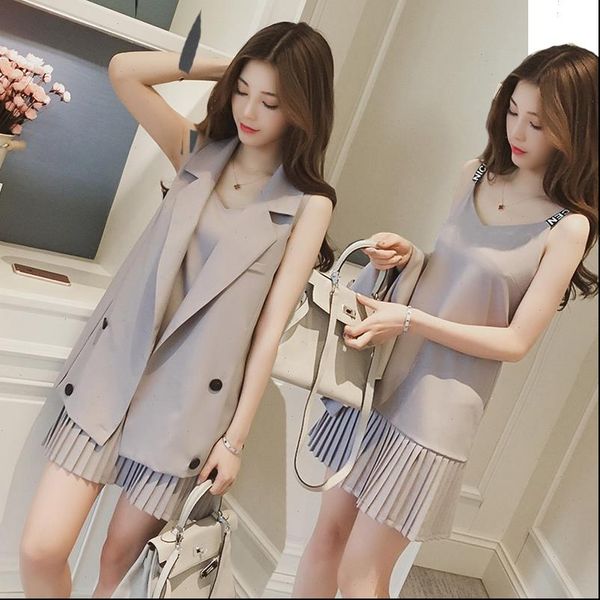 

two piece womens tracksuits suit spring and summer long sleeveless turndown collar vest jacket pleated strap dress fashion female casual, Gray