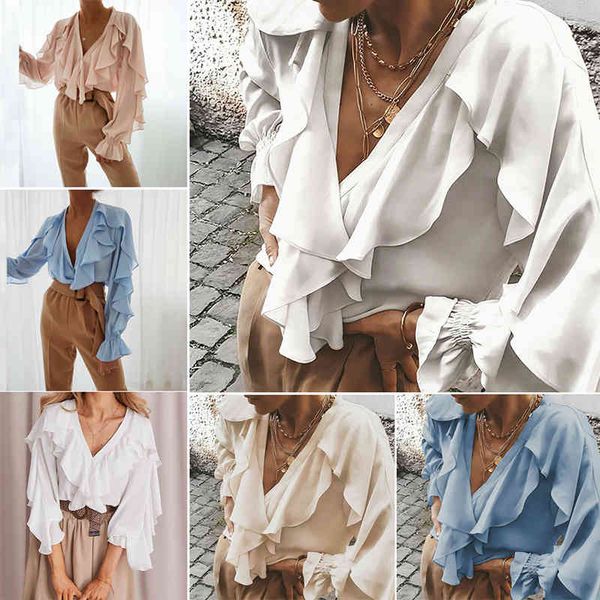 

women's t-shirt women v neck casual ruffle long bell sleeve blouse chiffon t shirt summer opwr, White
