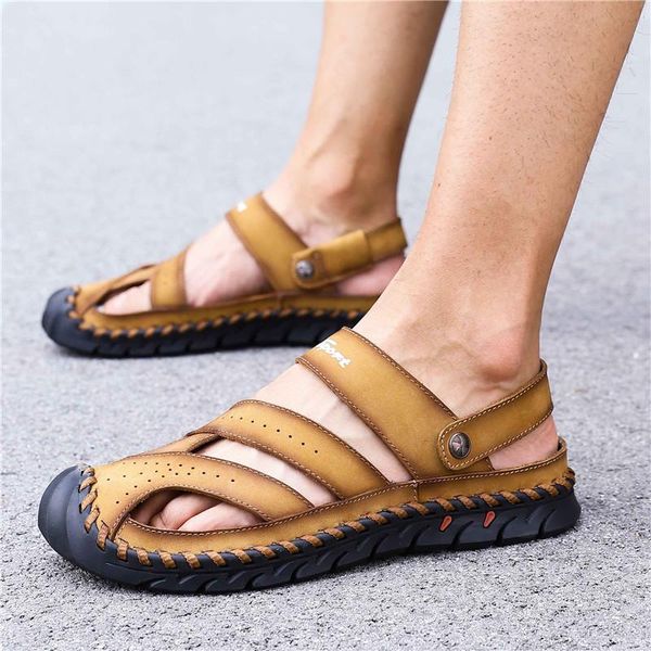 

sandals fashion big size 38-46 summer men leather male outdoor slippers soft comfortable rubber men's beach, Black