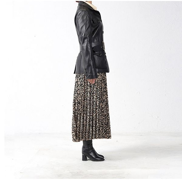 

women's jackets yukou woman coat fashion female real high-quality sheepskin leather windbreaker waistband decoration stit, Black;brown