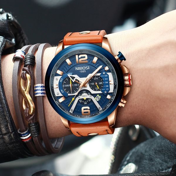 

2024NEW NIBOS Brand Men Analog Leather Sports Watches Men's Army Military Watch Male Date Quartz Clock Relogio Masculino, Orange