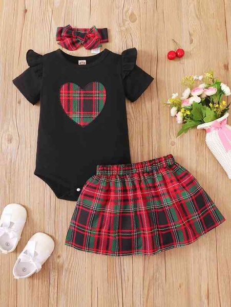 

baby tartan heart embroidery ruffle trim bodysuit & skirt with headband she, White