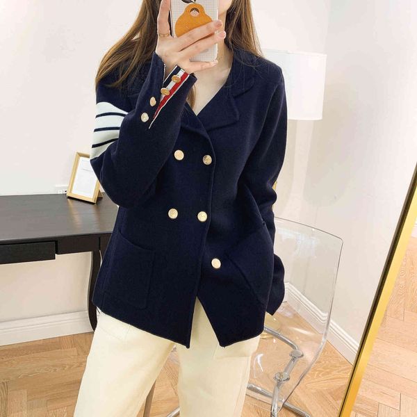 

tb autumn winter new four bar stripe tibetan green knitted double breasted single western clothing men's and women's classic jacke, White;black