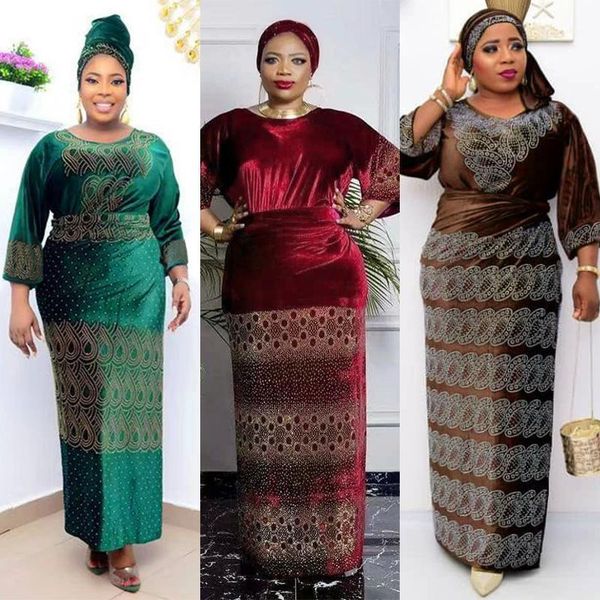 

ethnic clothing plus size velvet dress dashiki african clothes for women 3 pieces set skirt with headtie ladies long maxi party dresses, Red