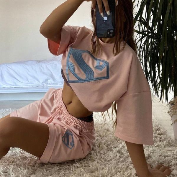 

women's shorts fashion 2021 summer women's printed two-piece t-shirt sports and leisure elastic sweater suit woman clothing, White;black