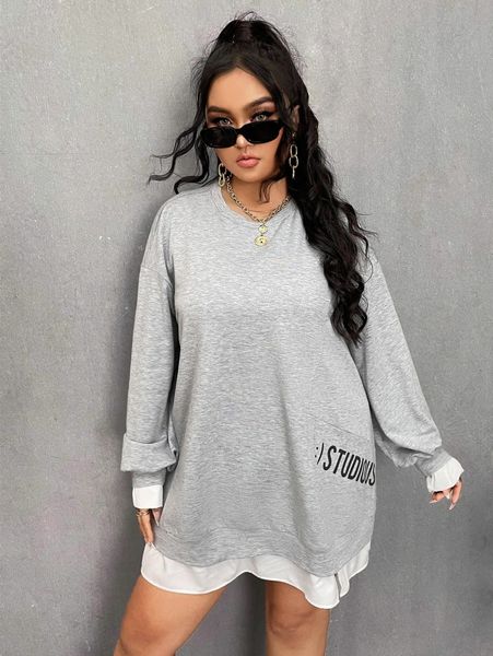 

plus 2 in 1 letter graphic drop shoulder sweatshirt dress l9gd#, Black
