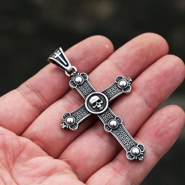 

pendant necklaces gothic skull cross stainless steel biker men necklace punk hip hop chain fashion jewelry gift wholesale, Silver