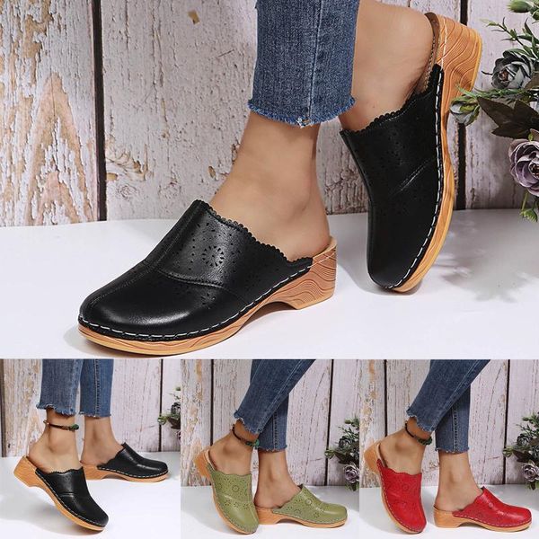

sandals women's summer slip-on 2021 for ladies square heels round toe breathable slippers shoes, Black