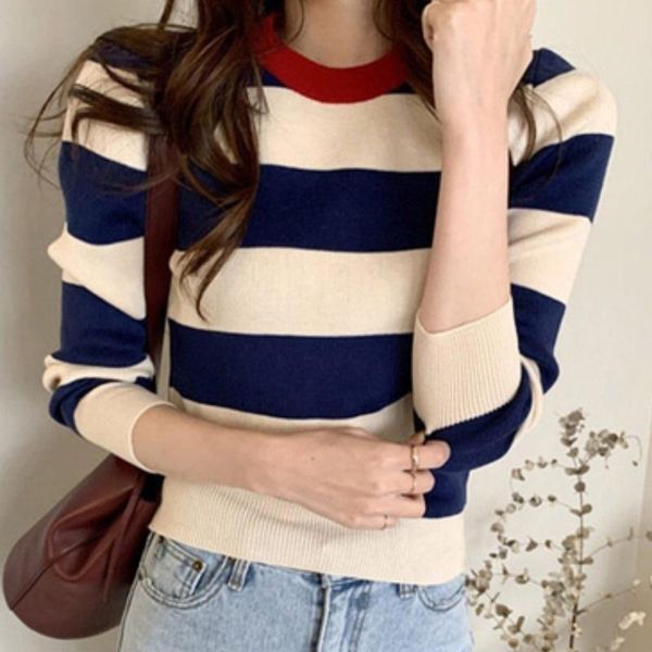 

women's sweaters korean chic knitted sweater autumn color blocking stripe design sense round neck pullover slim knit, White;black
