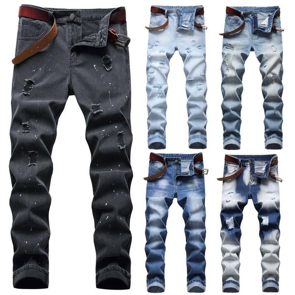 

men's jeans fashion men straight long pants ripped slim fit casual, Blue