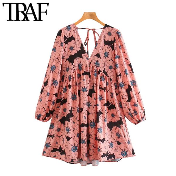 TRAF Women Chic Fashion Stampa floreale Pieghettato Mini abito Vintage Puff Sleeve Backless Abiti femminili elastici Mujer 210415