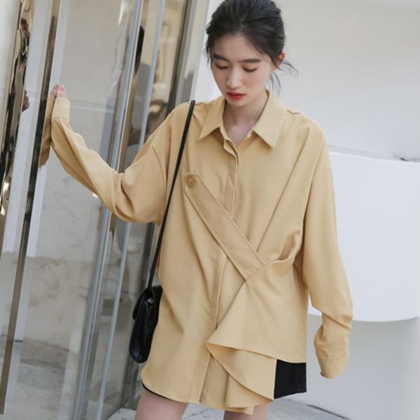 

women's blouses & shirts [ewq]2021 spring autumn sweet long sleeve turn-down collar solid color shirt coat korea style loose casual blo, White